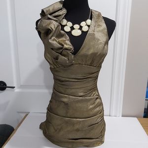 Jessica McClintock MetalicGold Ruffled Cocktail Dress necklace included